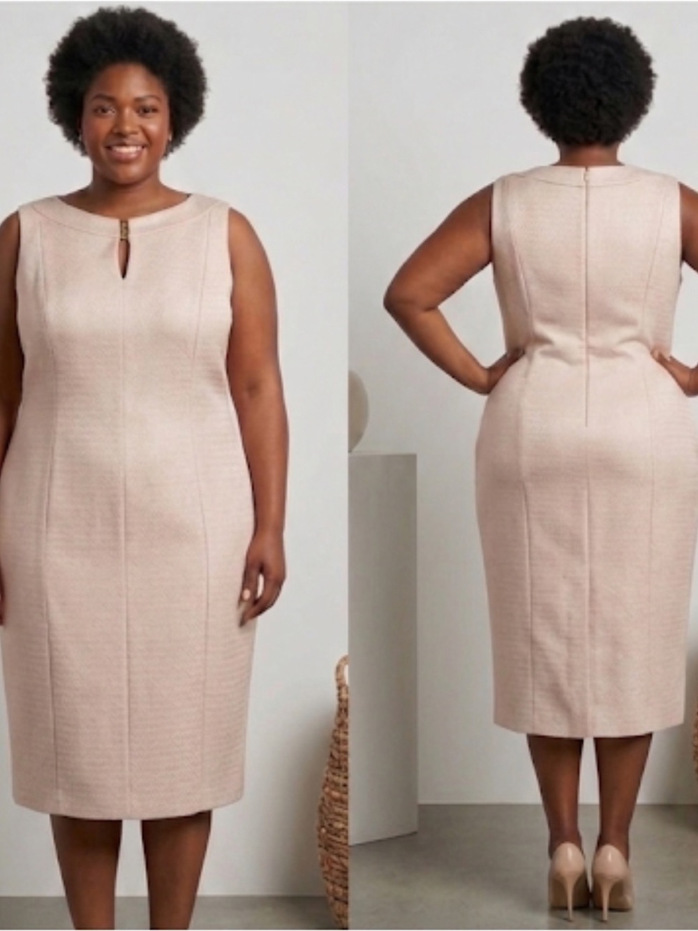 Elegant Chelsea Rose Textured Sheath Dress with Gold Neckline Detail - Size 18
